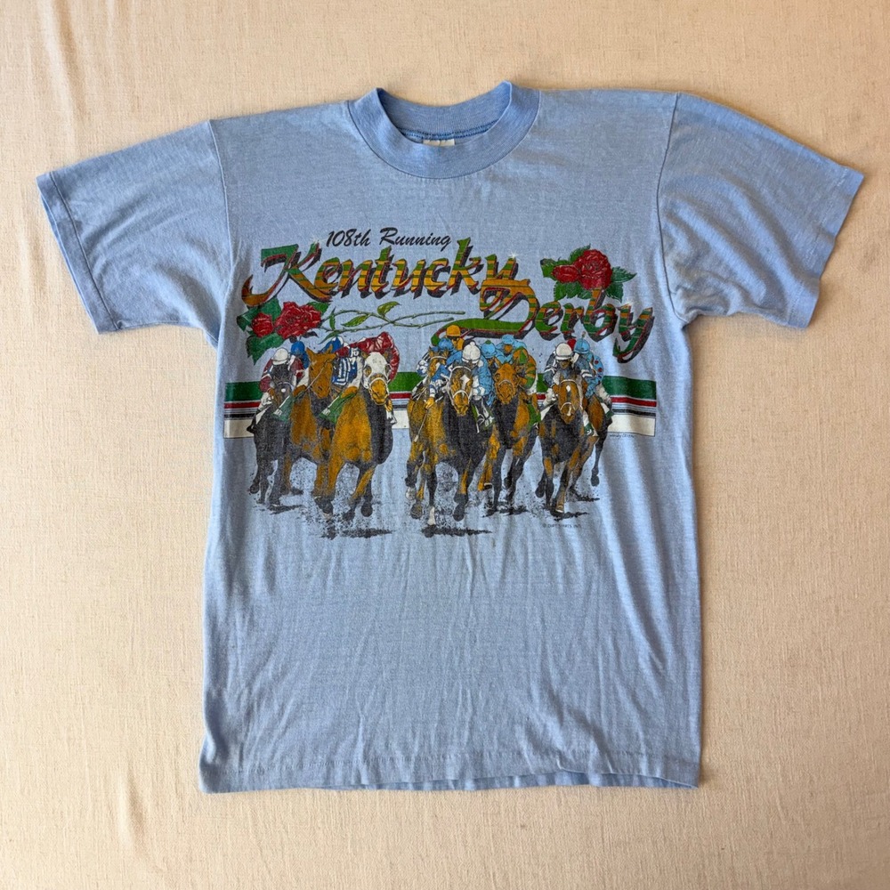 Vintage 1982 Kentucky Derby 108th Running Graphic T-Shirt Unisex Medium Blue
